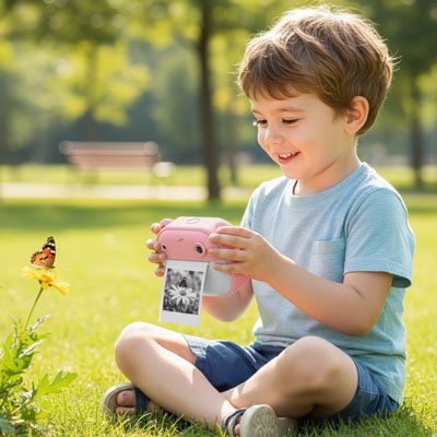 Appareil photo instantané enfant garcon heureux