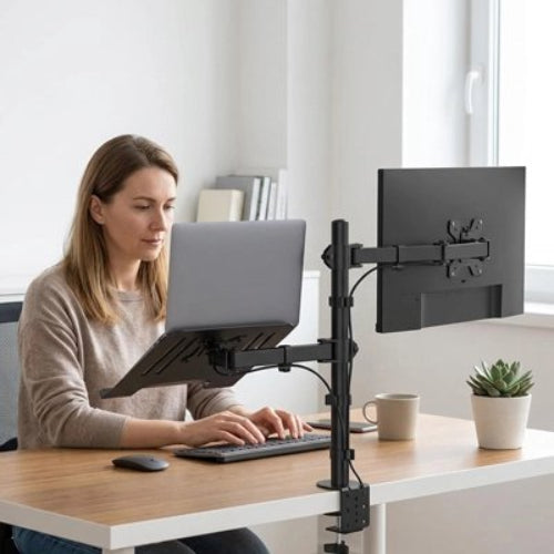bras d'ecran ergonomique ajustable femme bureau plante souris