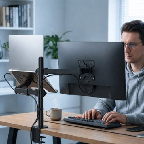bras d'ecran ergonomique ajustable homme clavier cafe