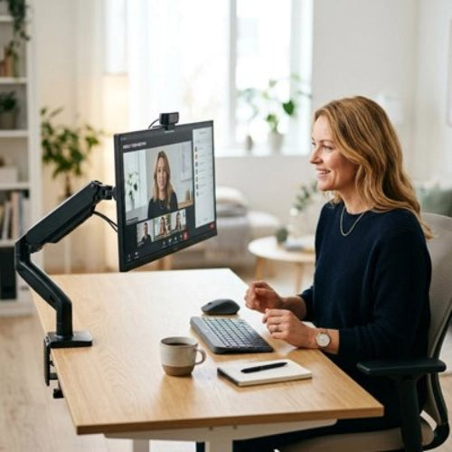 bras d'ecran ergonomique reglable femme au bureau cafe