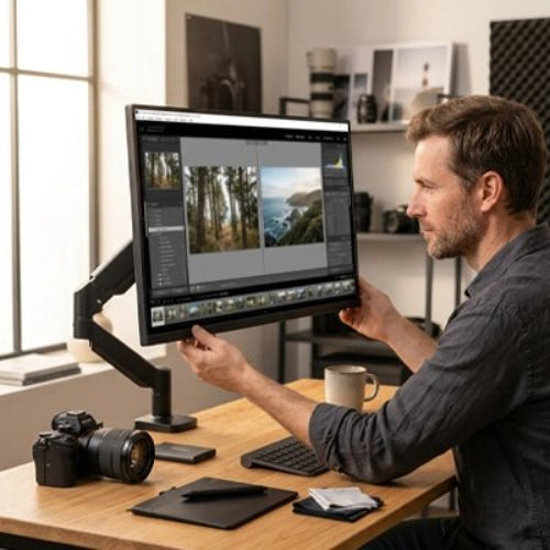 bras d'ecran ergonomique reglable homme photographe