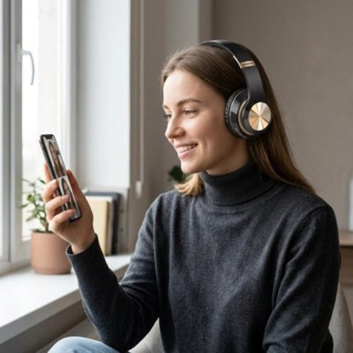 casque audio sans fil premium 30h femme assis avec cellulaire