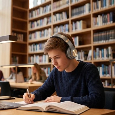 casque audio sans fil premium 30h jeune homme etudie avec un livre