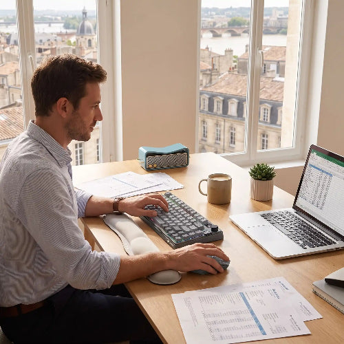 clavier et souris sans fil ergonomique bluetooth homme travail proche fenetre
