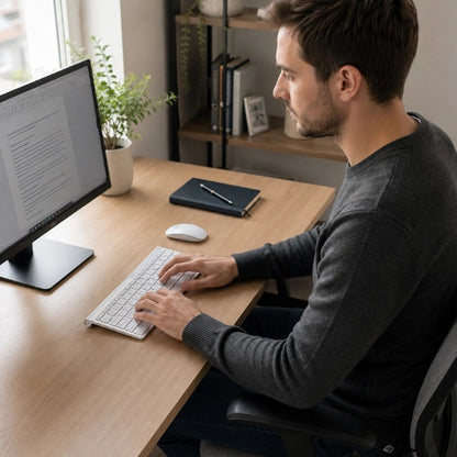 clavier et souris sans fil ergonomique compact homme devant ordinateur