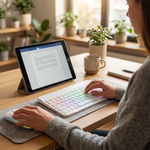 clavier et souris sans fil ergonomique femme bureau en bois avec tablette