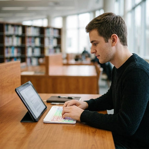 clavier et souris sans fil ergonomique homme a bibliotheque