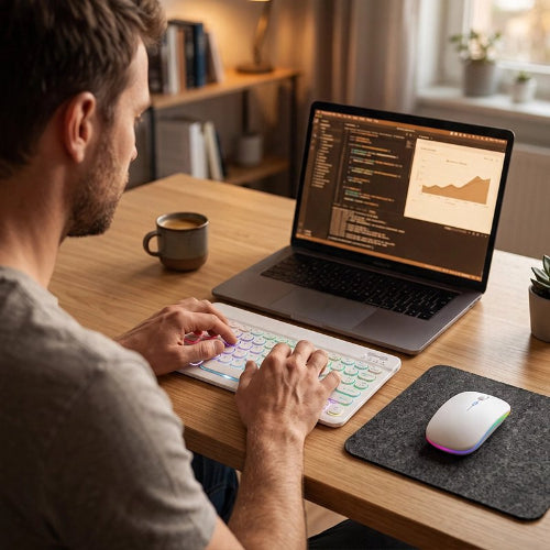 clavier et souris sans fil ergonomique homme sur son portable