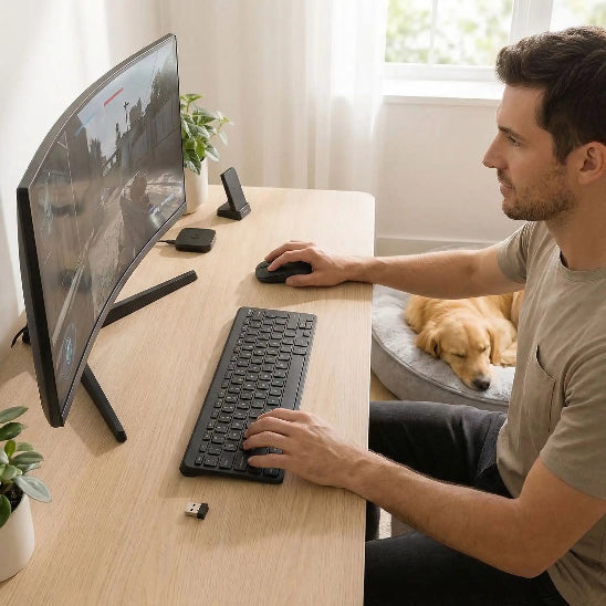 clavier et souris sans fil touches silencieuses homme joue jeux