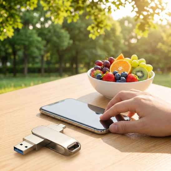 cle usb double connecteur cellulaire bol de fruit dans un parc