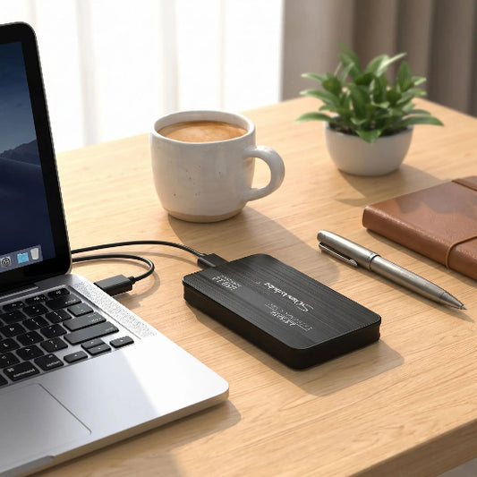 disque dur externe performant USB 3.0 cafe bureau plante crayon