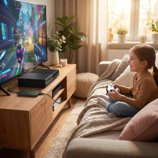 disque dur externe performant USB 3.0 jeune fille joue a un jeu