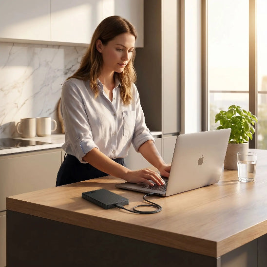 disque dur externe portable usb 3.0 femme travail ilot plante