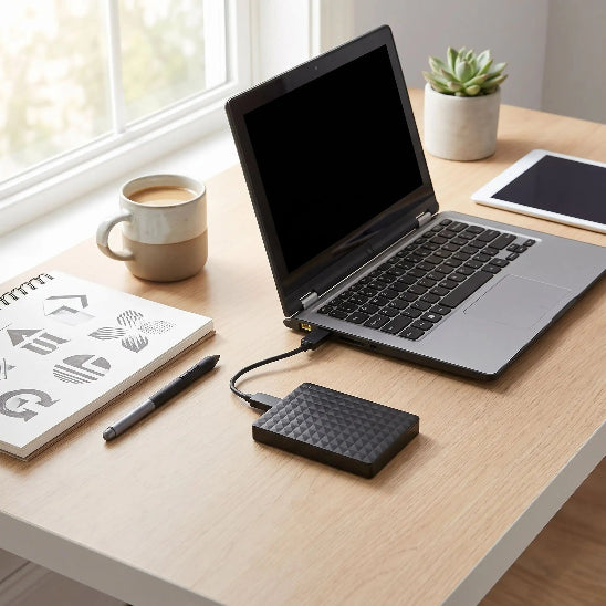 disque dur externe ssd usb 3.0 portable 500Go-2To bureau bois avec plante cafe 