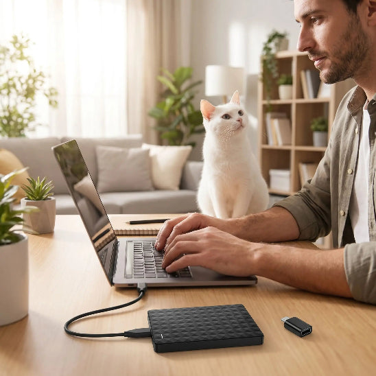 disque dur externe ssd usb 3.0 portable 500Go-2To homme travail chat qui regarde
