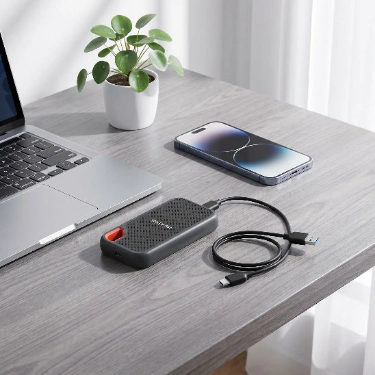 disque dur externe usb 3.2 portable cellulaire bureau bois gris
