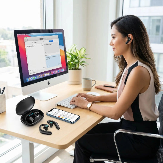 ecouteur traducteur multilingua m8 femme bureau travaille ordi