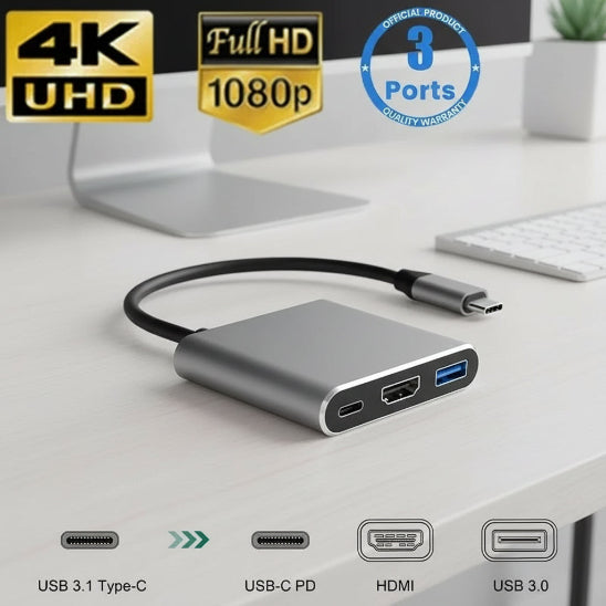 hub usb 3 en 1 hdmi aluminium brosse