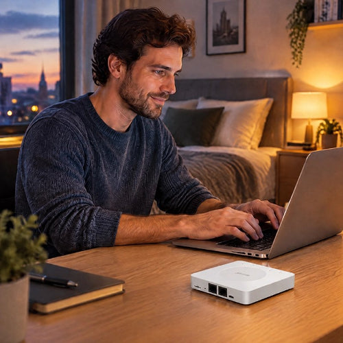 routeur wifi couverture totale homme dans chambre sur son bureau