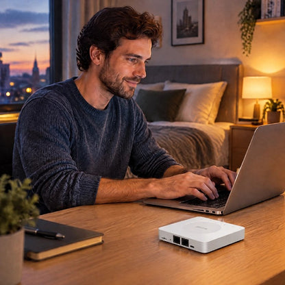 routeur wifi couverture totale homme dans chambre sur son bureau