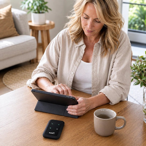 routeur wifi longportee femme avec cafe tablette 
