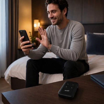 routeur wifi longportee homme sur lit avec cellulaire