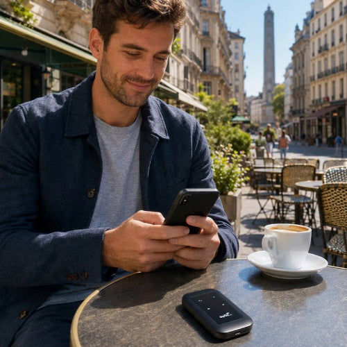 routeur wifi longportee homme terrasse cafe cellulaire