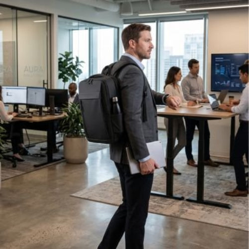 sac a dos ordinateur ergonomique et robuste homme dans un centre d'affaire