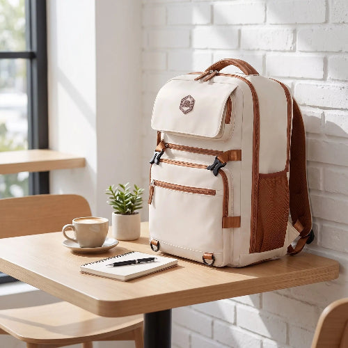 sac a dos pour ordinateur 15,6" voyageur pro beige sur table
