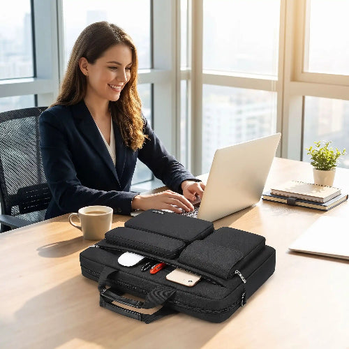 sac ordinateur protection double femme au bureau travail
