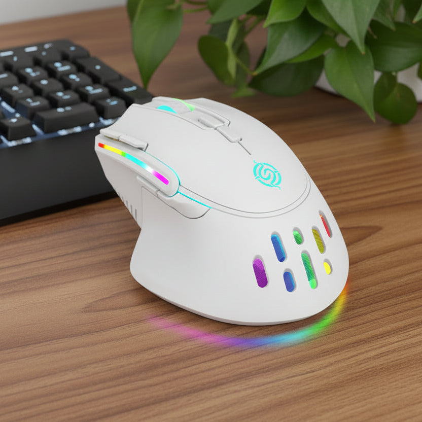 souris sans fil gaming rgb 10 boutons table bois plante clavier