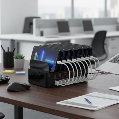 station de charge multiport  bureau bois souris
