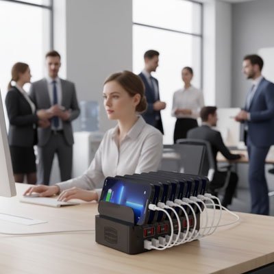 station de charge multiport femme travail bureau