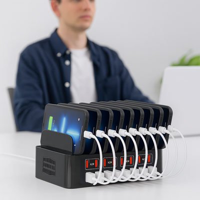 station de charge multiport homme au travail