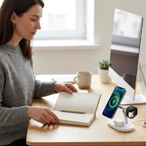 station de charge multiport organizer femme avec bloc note