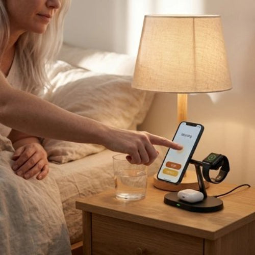 station de charge multiport organizer femme dans son lit