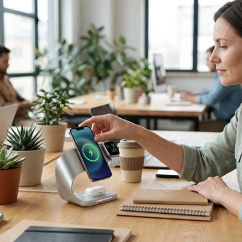 station de charge multiport simultane femme travail cafe