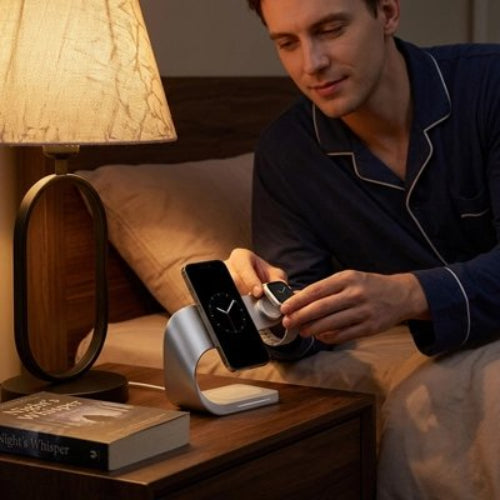 station de charge multiport simultane homme au lit table de chevet