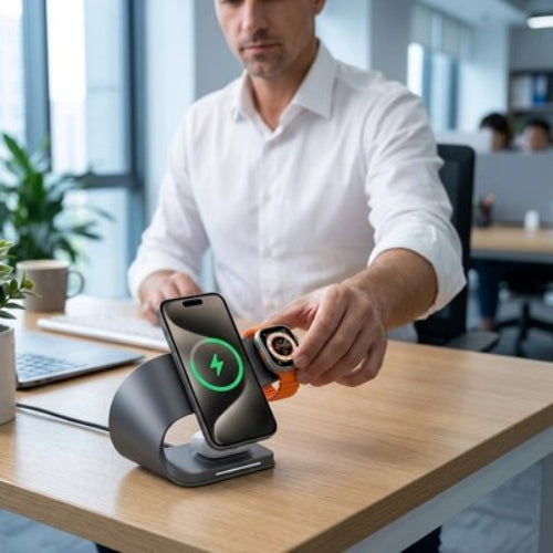 station de charge multiport simultane homme bureau travail