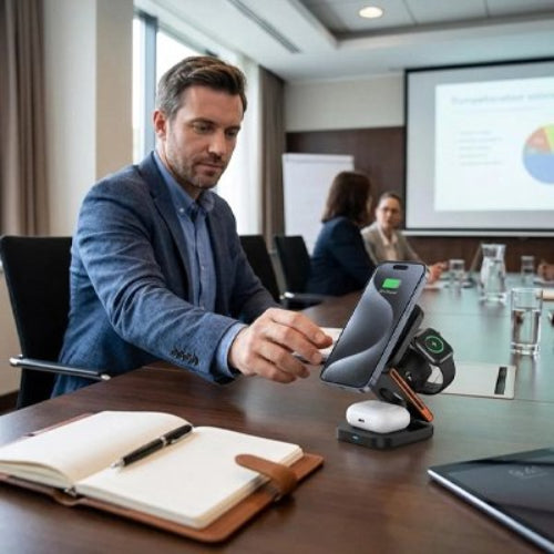 station de charge multiports homme au bureau