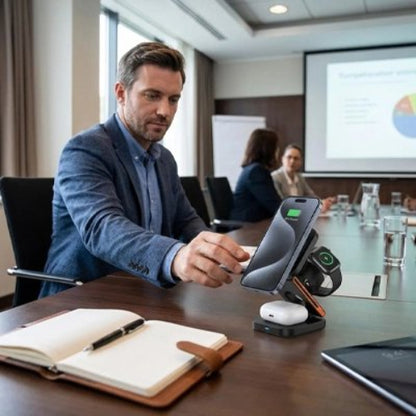 station de charge multiports homme au bureau