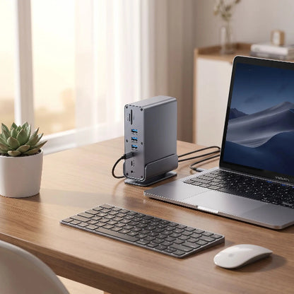 stations d'accueil dualpro 15en1 bureau en bois plante clavier souris 
