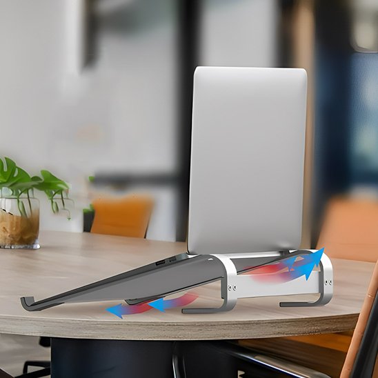 Support ordinateur portable gestion câbles  passages prévus organiser fils 