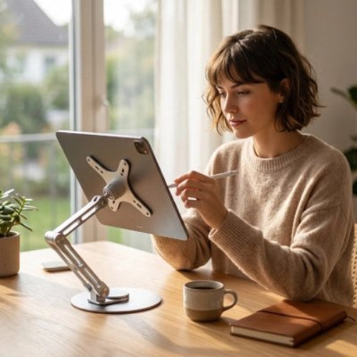 support pour tablette ajustable et stable femme salon travail