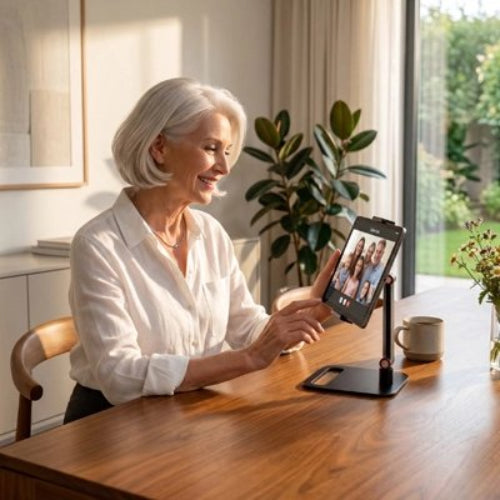 support pour tablette ajustable mains libres dame dans la cuisine plante