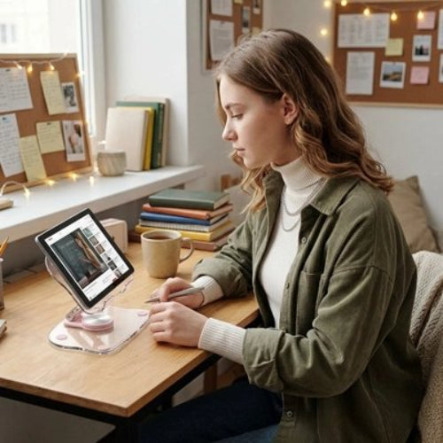 support pour tablette reglable et stable jeune femme etudie 