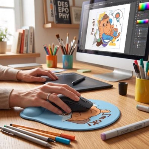 tapis de souris ergonomique antiderapant chat bleu femme crayon